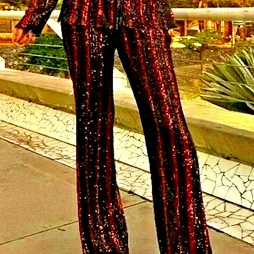 NWT ZARA HIGH WAIST COPPER/BLACK STRIPE SEQUINNED FLARED TROUSERS  EX S + SMALL